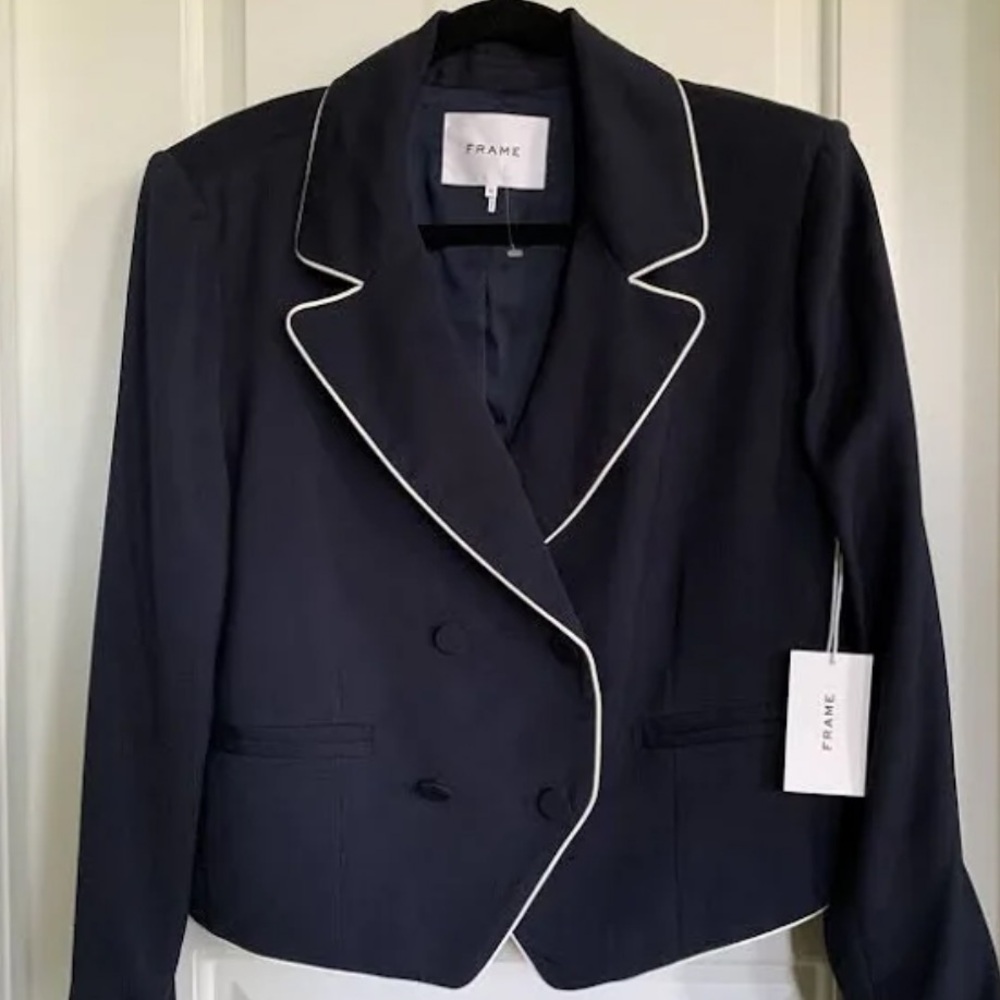 Frame Denim Women's Navy Blazer Double Breasted with White Piped Trim Split Cuff